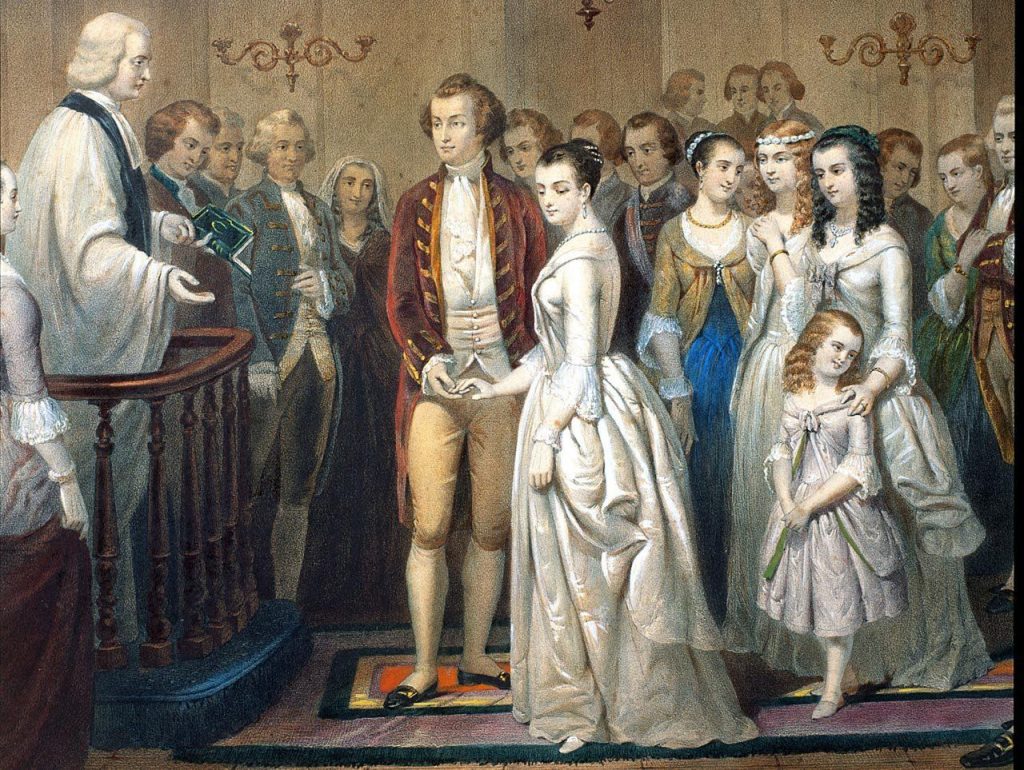 Depiction of George and Martha Washington's wedding by Claude Regnier, 1854